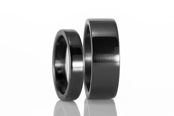 Black zirconium wedding ring set. Zirconium matching flat wedding bands. (01111_4N7N)