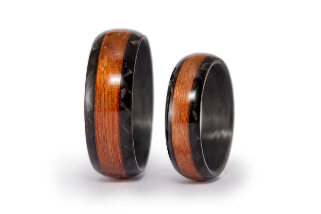 Glossy twill Carbon Fiber and wood bands. Wedding bands set. Cedar wood (10222_6N8N)