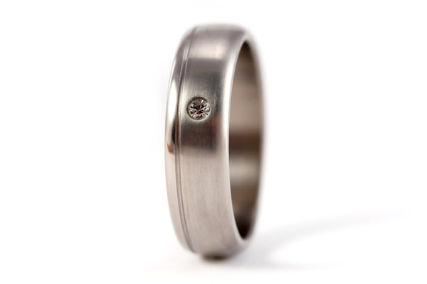 Brushed titanium wedding bands with polished inlay and Swarovski (00015_5S1_5N)