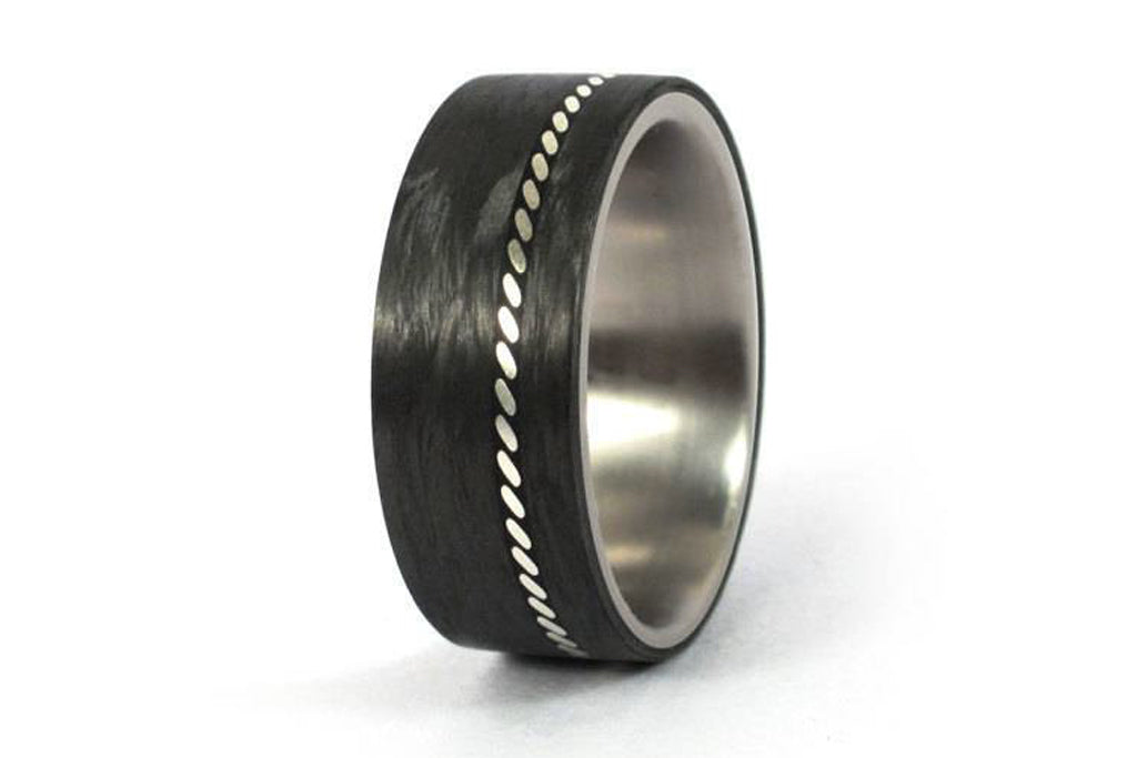 Men's titanium ring with silver and carbon fiber inlay (01601_8N)