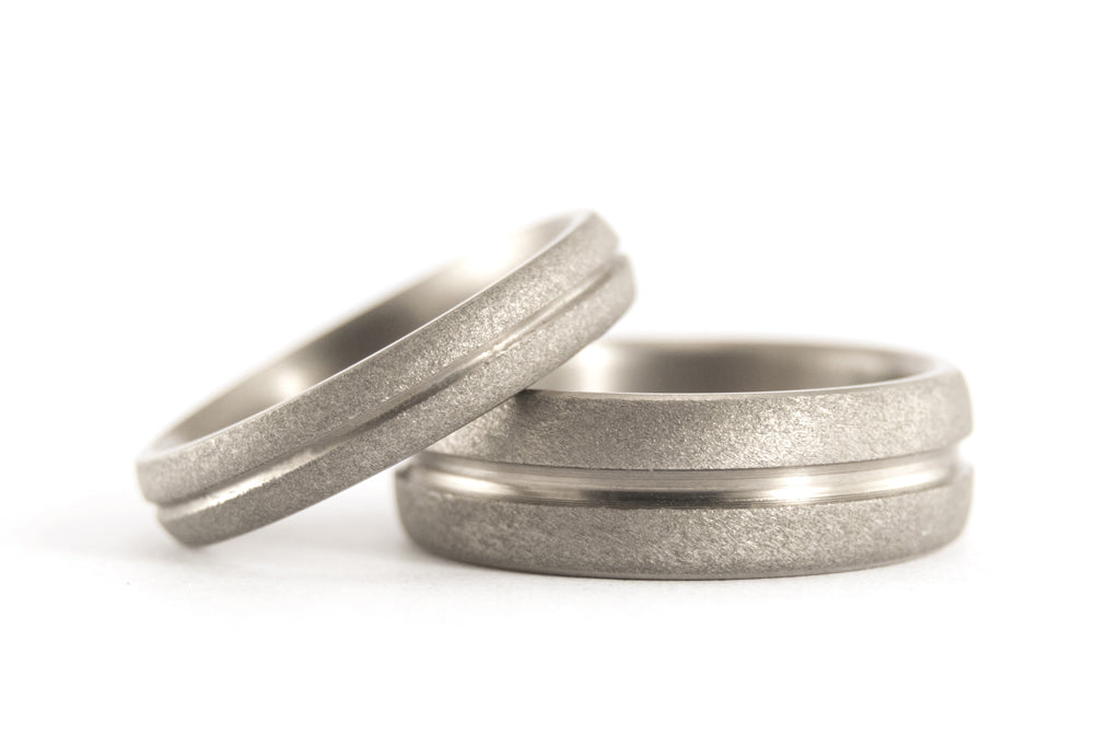 Sandblasted titanium wedding bands with polished inlay (00008_4N7N)