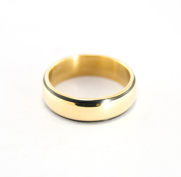 18CT gold wedding ring set with matte carbon fiber bands. Gold rounded matching wedding bands. Golden engagement rings (00510_5N5N)
