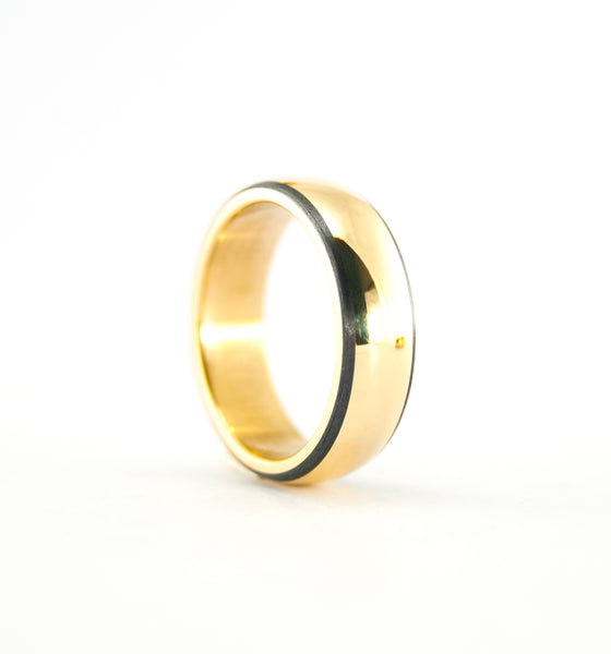 Yellow 18CT gold ring with matte carbon fiber bands. Gold rounded band. Golden ring (00510_5N)