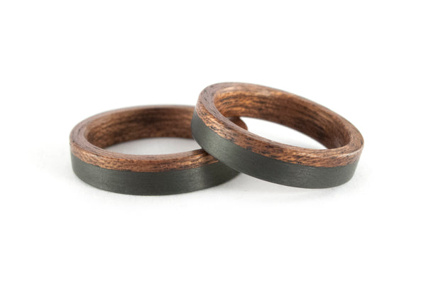 Carbon fiber and bentwood wedding ring set. Black flat cedar wood matching bands. Wooden engagement rings (00403_5N5N)