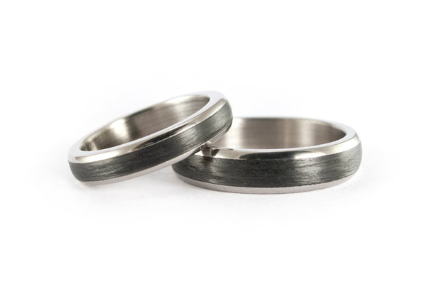 Titanium and carbon fiber wedding bands. Black wedding ring set. Rounded matching bands. Carbon fiber his and hers bands. (00344_4N5N)