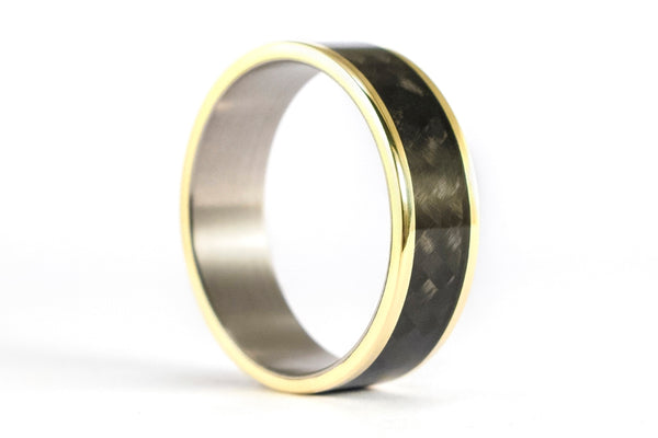 18ct yellow gold, titanium and carbon fiber wedding bands (04708_6N6N)
