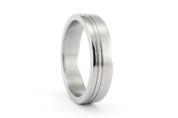 Brushed titanium wedding bands with polished inlays (00026_5N5N)