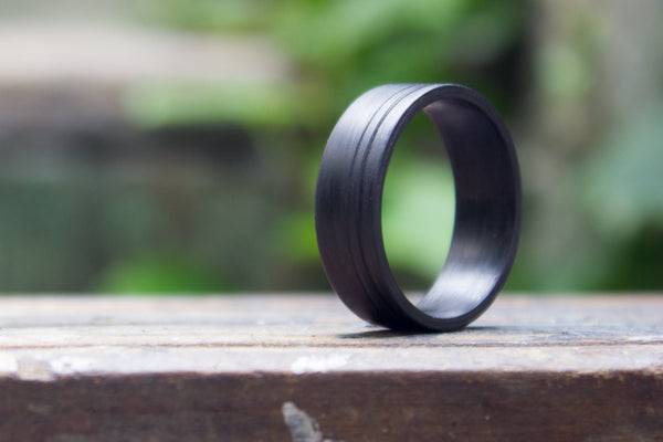 Men's undirectional carbon fiber ring. Unique black wedding band with two stripes. (00123) - Rosler Rings
