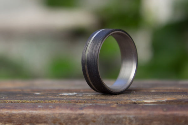 Men's titanium and carbon fiber ring. Modern and industrial black wedding band. (00351) - Rosler Rings