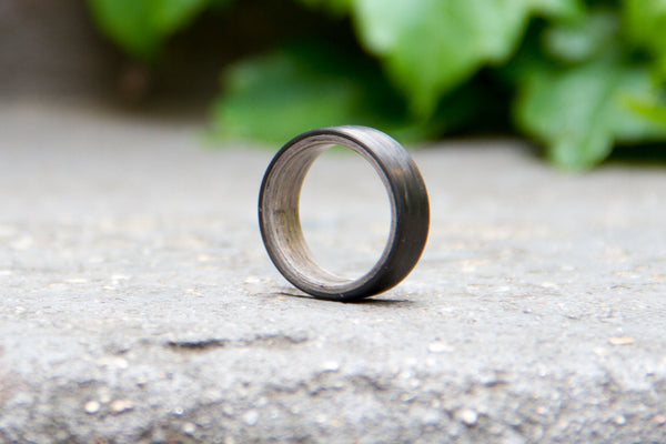 Men's black carbon fiber and bentwood ring. Natural wooden grey wood wedding band. (00401) - Rosler Rings