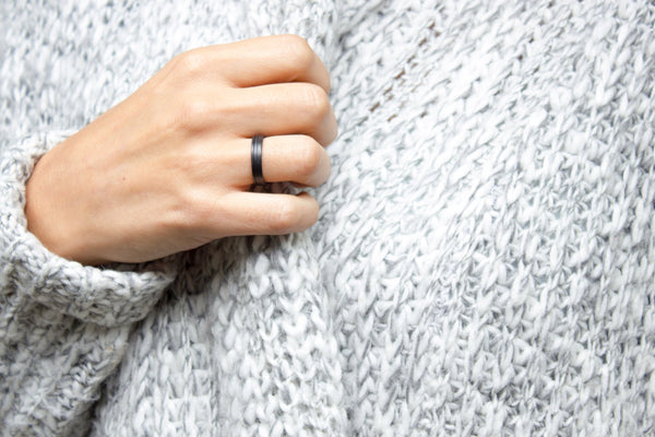 Women's carbon fiber ring with two stripes. Modern black wedding band. (00122) - Rosler Rings